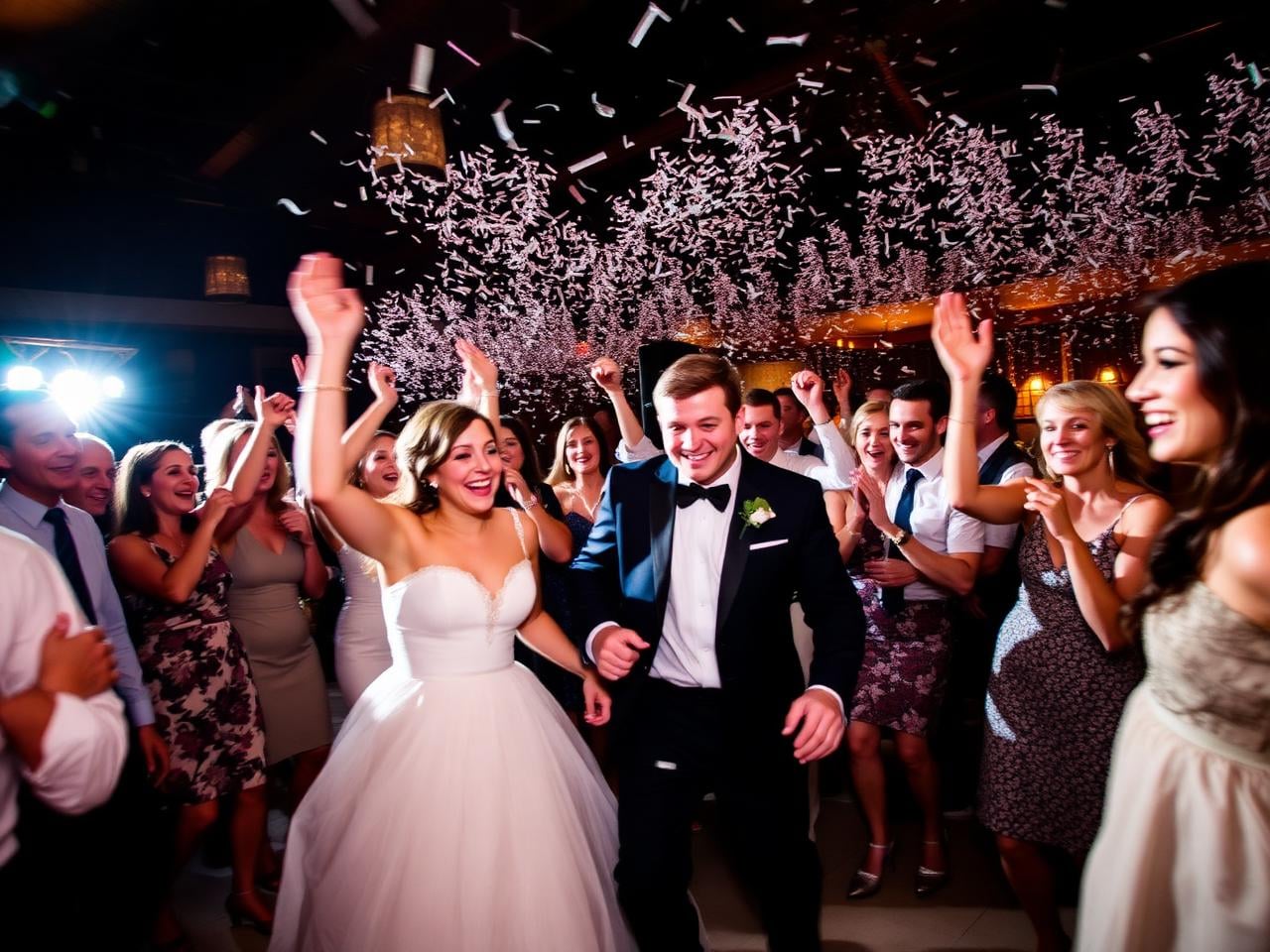 Pista de baile llena en boda andaluza con iluminación LED